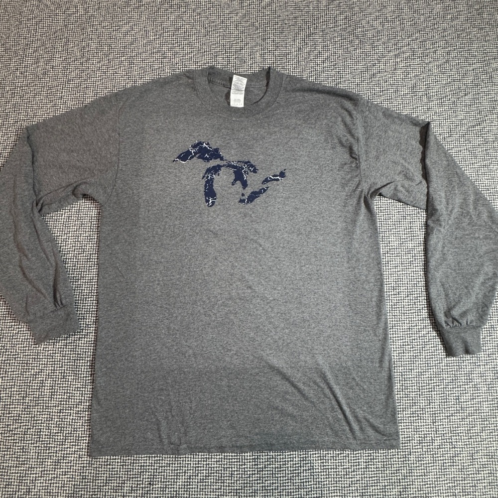 Great Lakes MI Graphic Long Sleeve T-Shirt Mens Large Gray Heathered Cotton